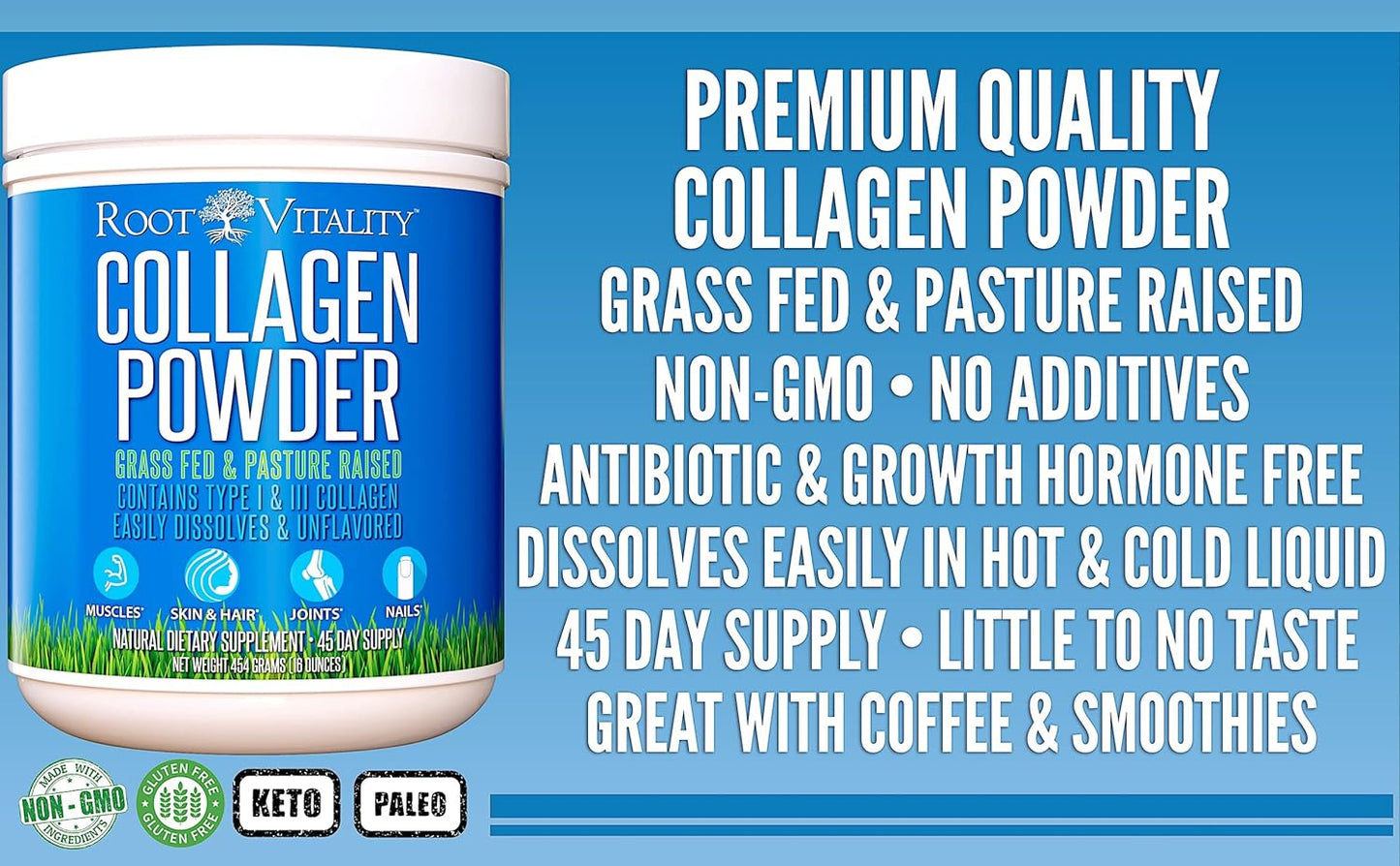 Grass-Fed Collagen Peptides Powder for Skin, Hair, & Nails - Non-GMO Hydrolyzed Protein - Daily Supplement (45 Servings)