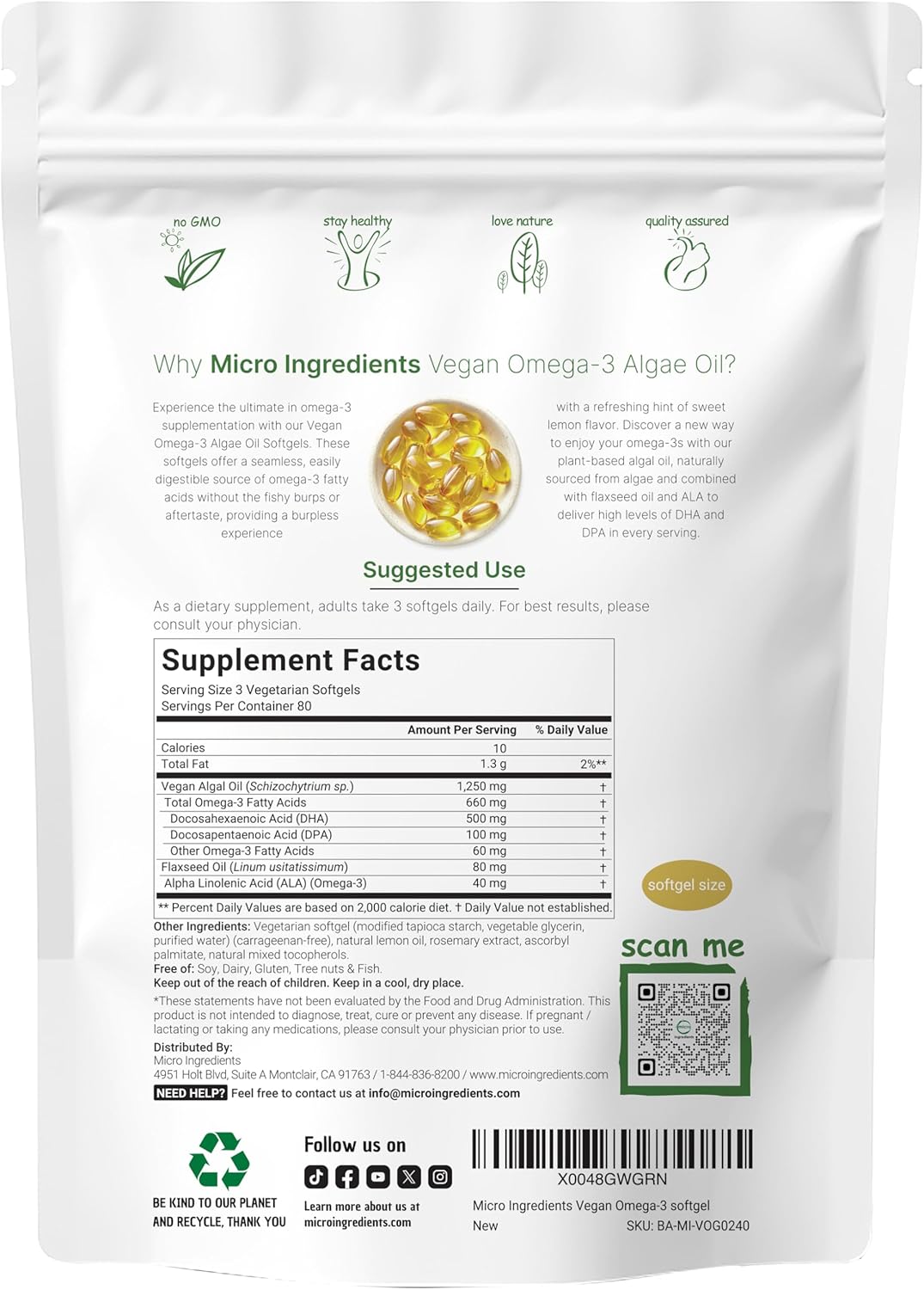 Grass-Fed Collagen Peptides & Vegan Omega-3 Algae Oil Bundle - Full Spectrum Alternative to Fish Oil - 2 Pack, 16oz each
