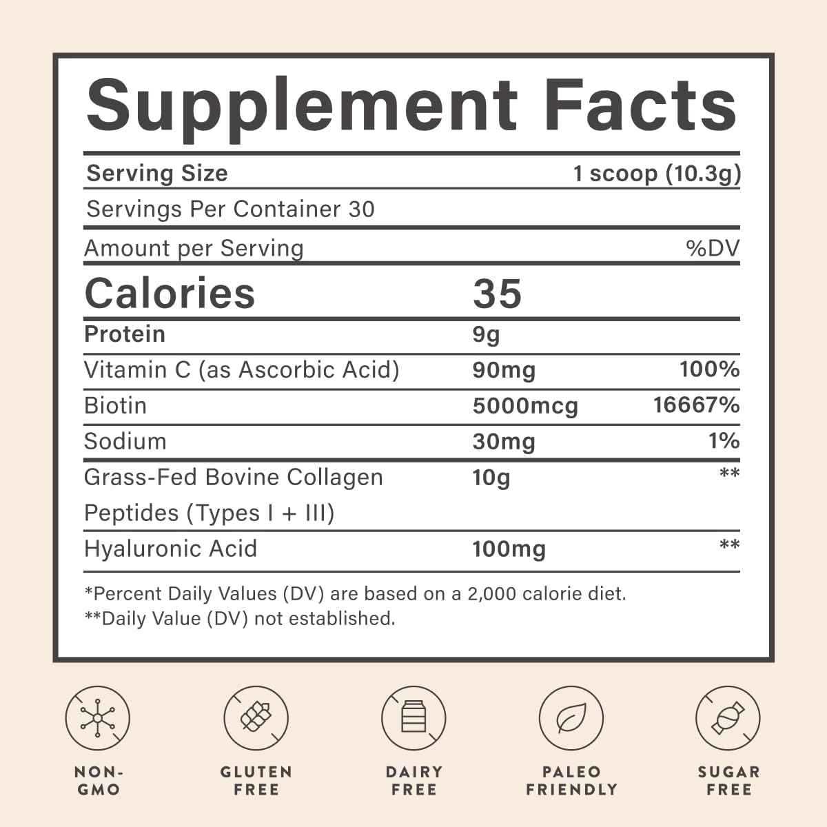 Grass Fed Collagen Powder with Biotin & Hyaluronic Acid for Hair, Skin, Nails & Joints - 30 Servings, Gluten & Sugar Free
