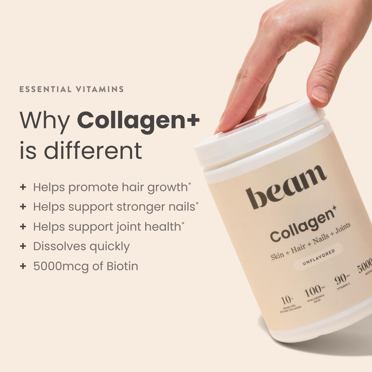 Grass Fed Collagen Powder with Biotin & Hyaluronic Acid for Hair, Skin, Nails & Joints - 30 Servings, Gluten & Sugar Free