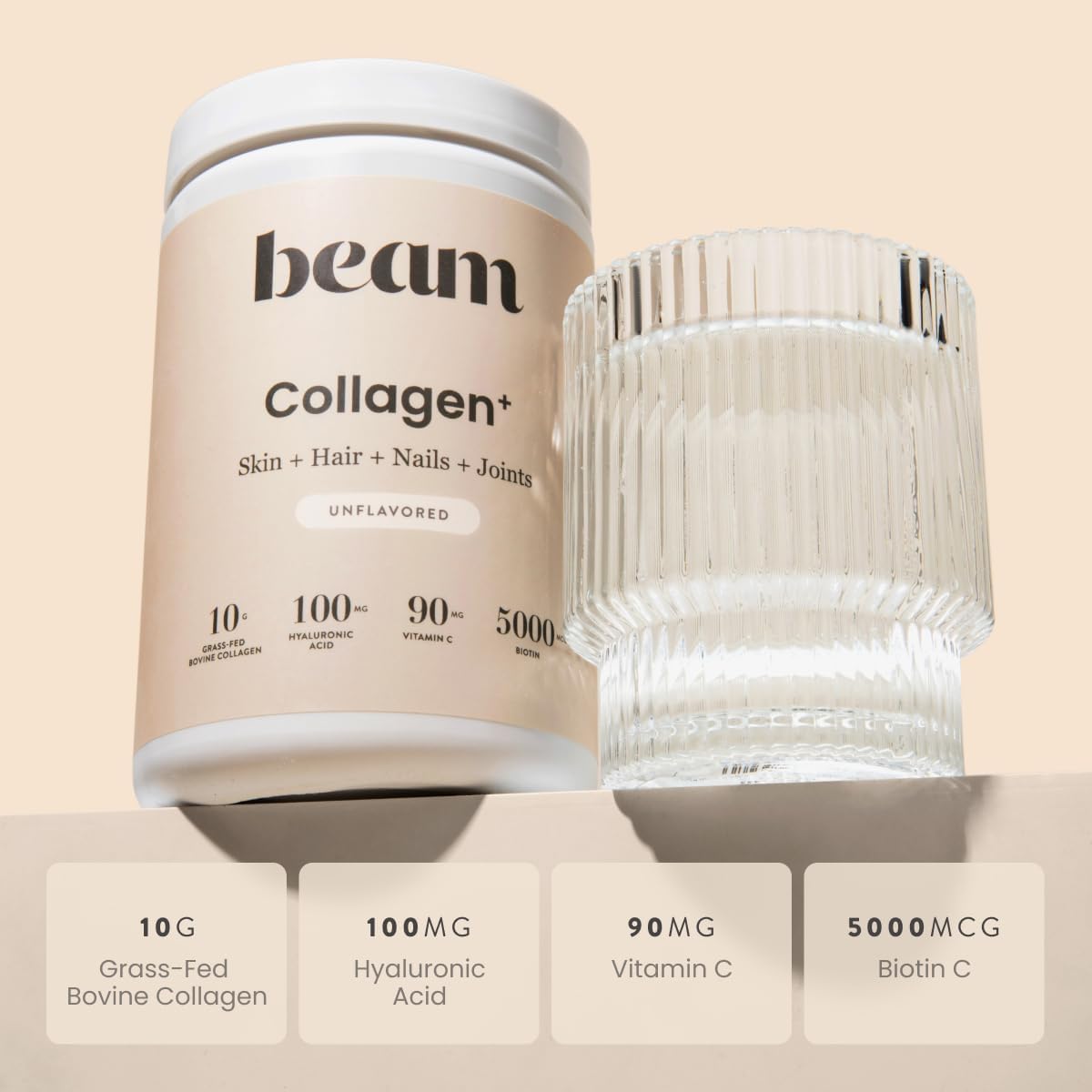 Grass Fed Collagen Powder with Biotin & Hyaluronic Acid for Hair, Skin, Nails & Joints - 30 Servings, Gluten & Sugar Free