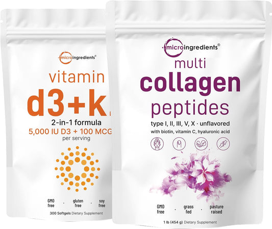 Grass-Fed Collagen Protein Powder & Essential Sunshine Vitamins Bundle - 16oz Collagen Powder, Vitamin D3 5,000iu, K2 100mcg Softgels - 2 Pack