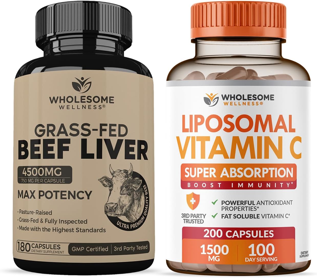 Grass Fed Desiccated Beef Liver Capsules + Liposomal Vitamin C Bundle for High Absorption (180 Pills Liver, 200 Pills Vitamin C)