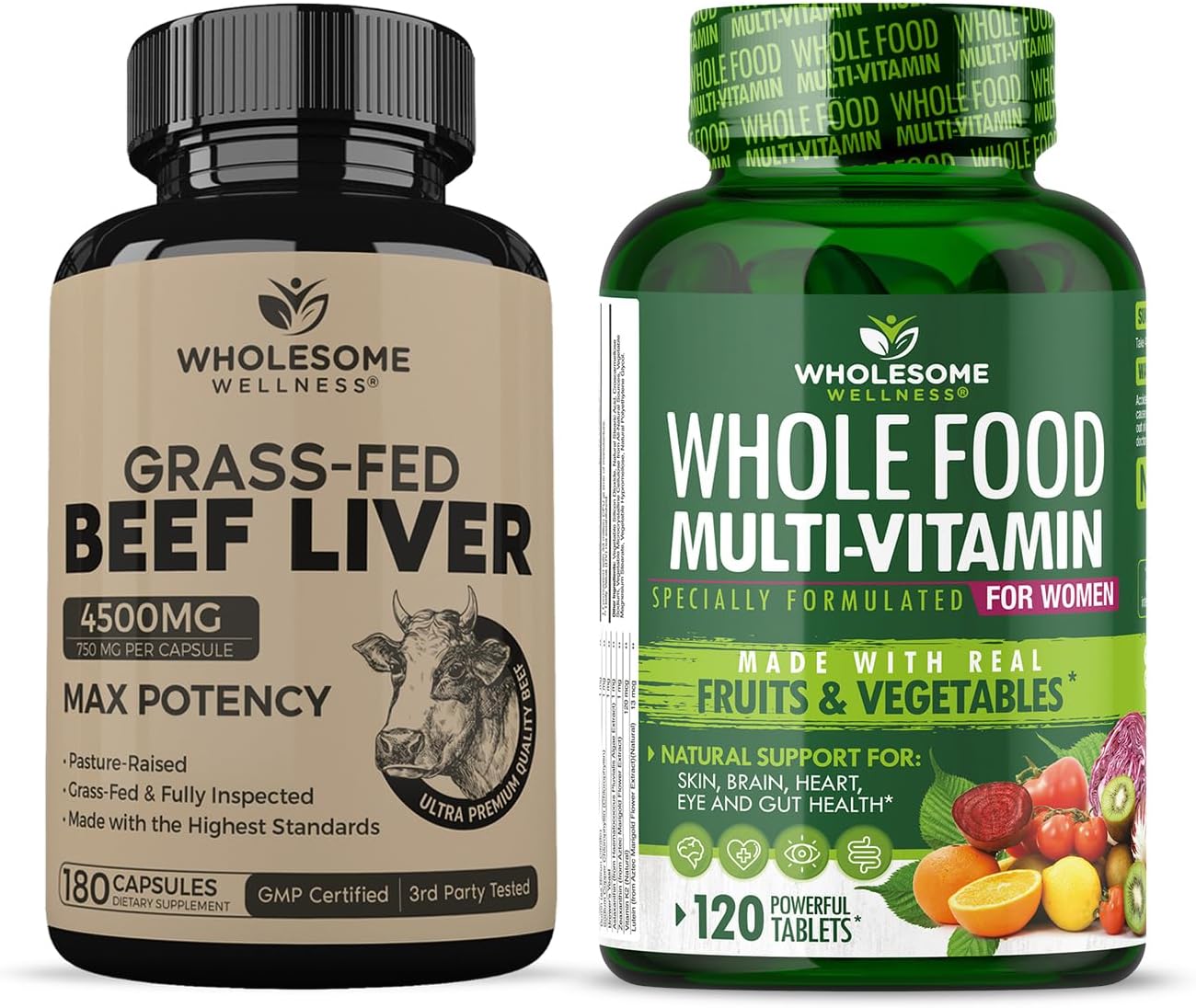 Grass Fed Desiccated Beef Liver Capsules with Whole Food Multivitamin for Women - Natural Organic Bundle (180 Pills, 750mg)