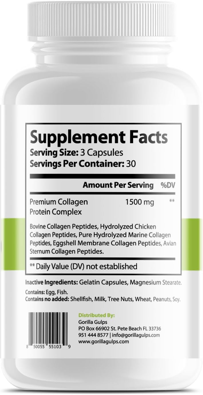 Grass Fed Full Spectrum Collagen Complex Type I, II, III, V X | Gorilla Gulps | Non-GMO, Hormone Free, Gluten Free | USA Made & Tested