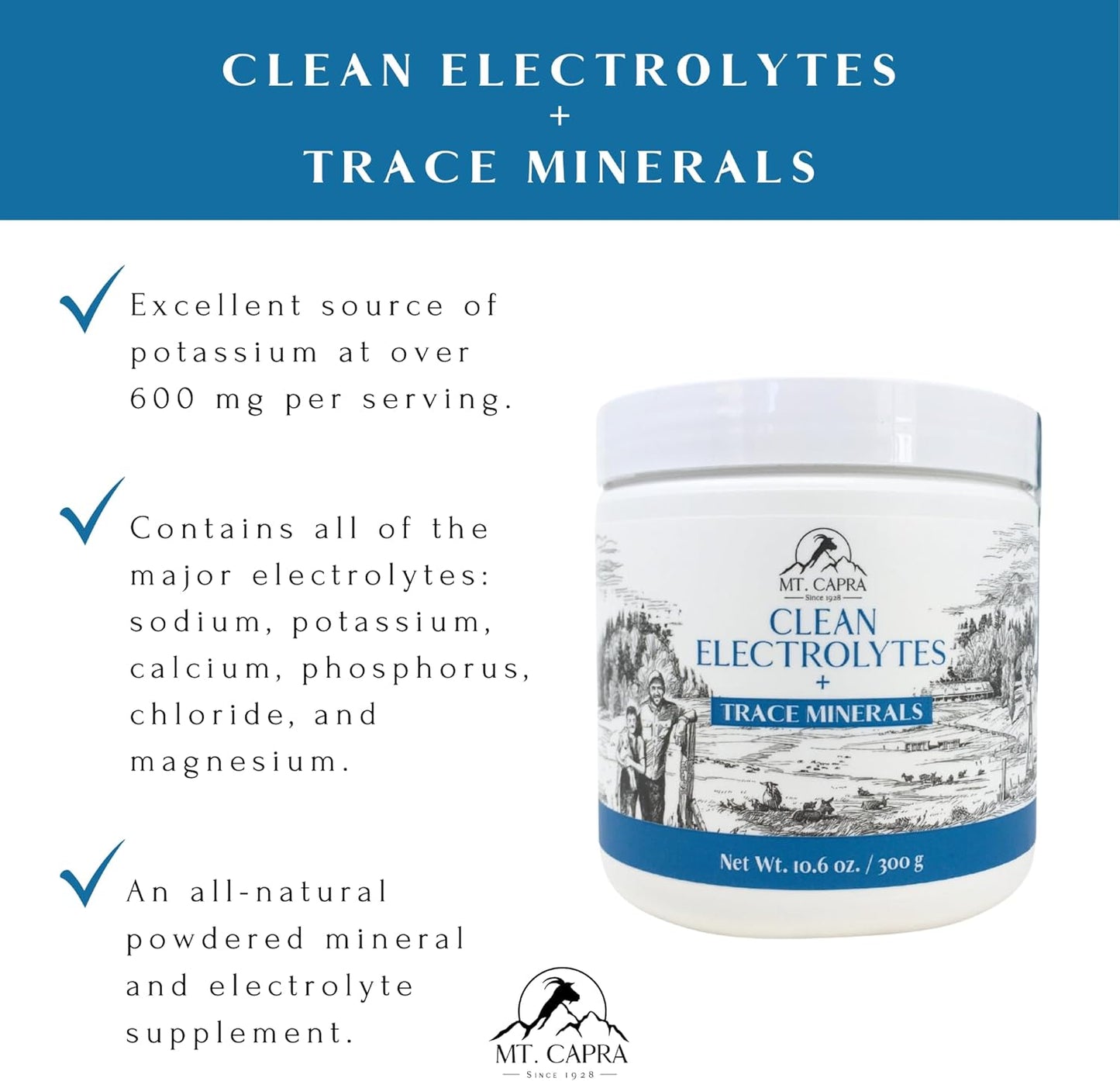 Grass-Fed Goat Milk Electrolytes + Trace Minerals Powder | Hydrating Whole Food Supplement | Easy to Mix | 30 Servings - 10.6 oz