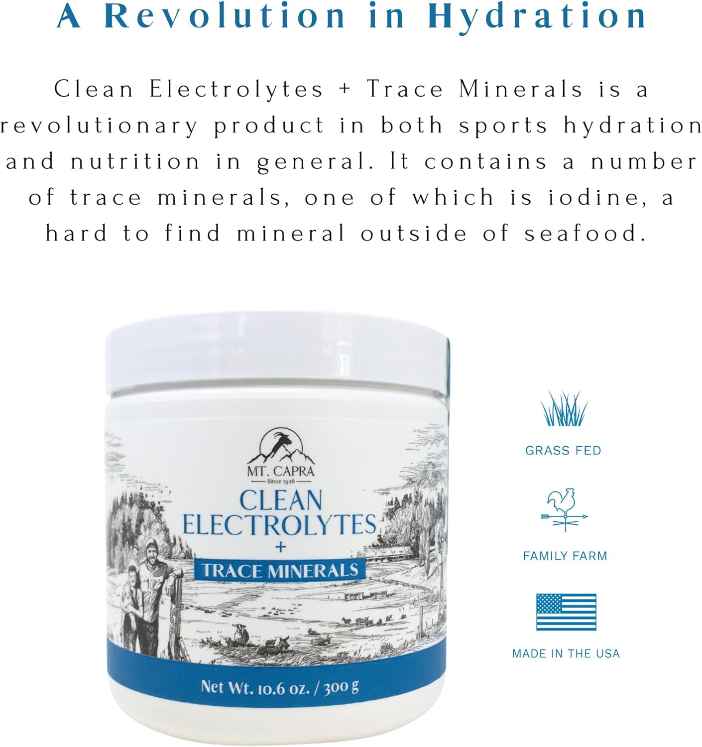 Grass-Fed Goat Milk Electrolytes + Trace Minerals Powder | Hydrating Whole Food Supplement | Easy to Mix | 30 Servings - 10.6 oz