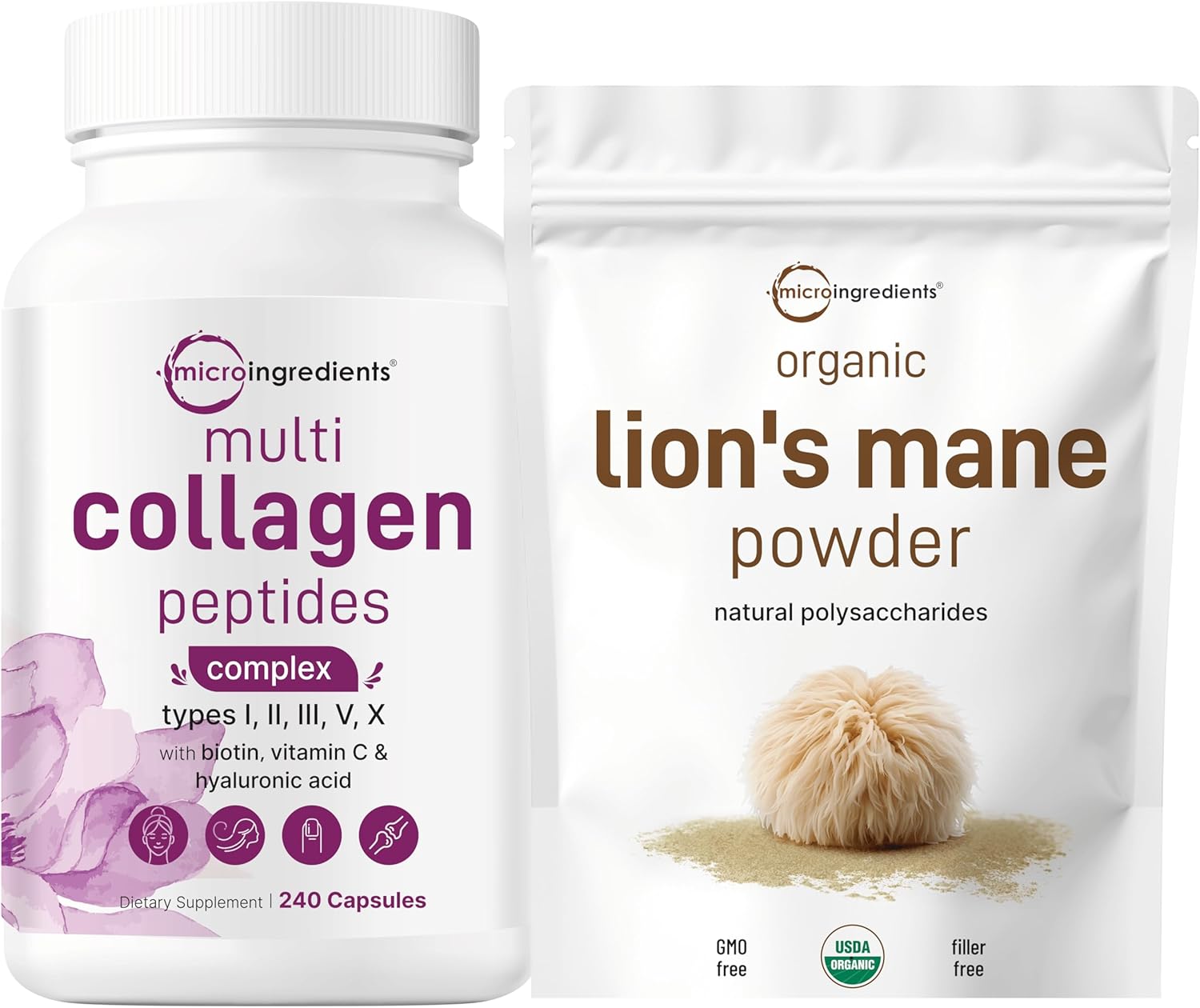 Grass-Fed Multi Collagen Complex & Lions Mane Mushroom Powder Bundle - 2 Pack | Natural Brain, Energy, Immune Health Superfood