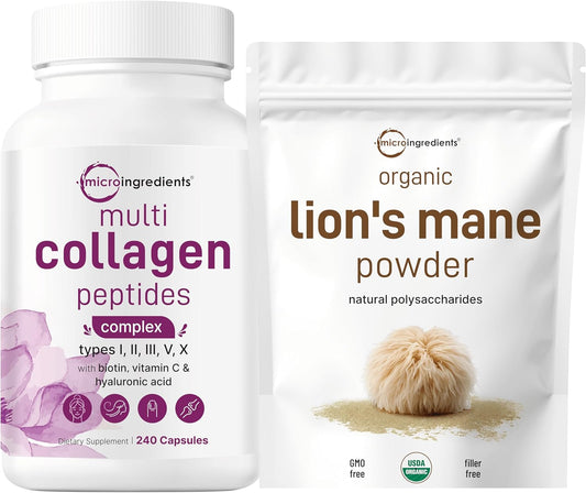 Grass-Fed Multi Collagen Complex & Lions Mane Mushroom Powder Bundle - 2 Pack | Natural Brain, Energy, Immune Health Superfood