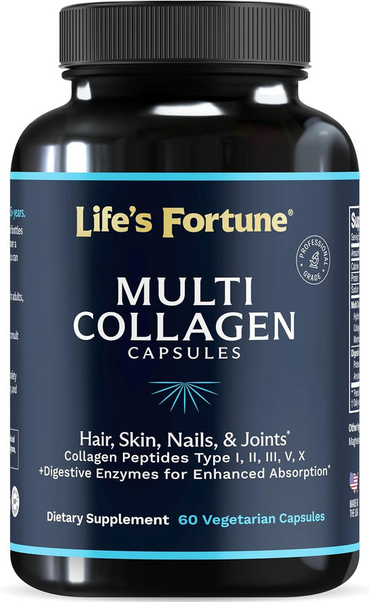 Grass-Fed Multi Collagen Peptides Capsules with Digestive Enzyme Blend - Types I, II, III, V & X - Hydrolyzed Protein for Skin, Hair, Nails, Joints & Gut Health - Unflavored