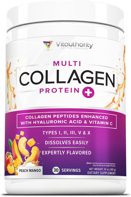 Grass Fed Multi Collagen Peptides Powder with Hyaluronic Acid and Vitamin C for Hair, Skin, and Nails - Instant Dissolving Drink Mix for Men and Women