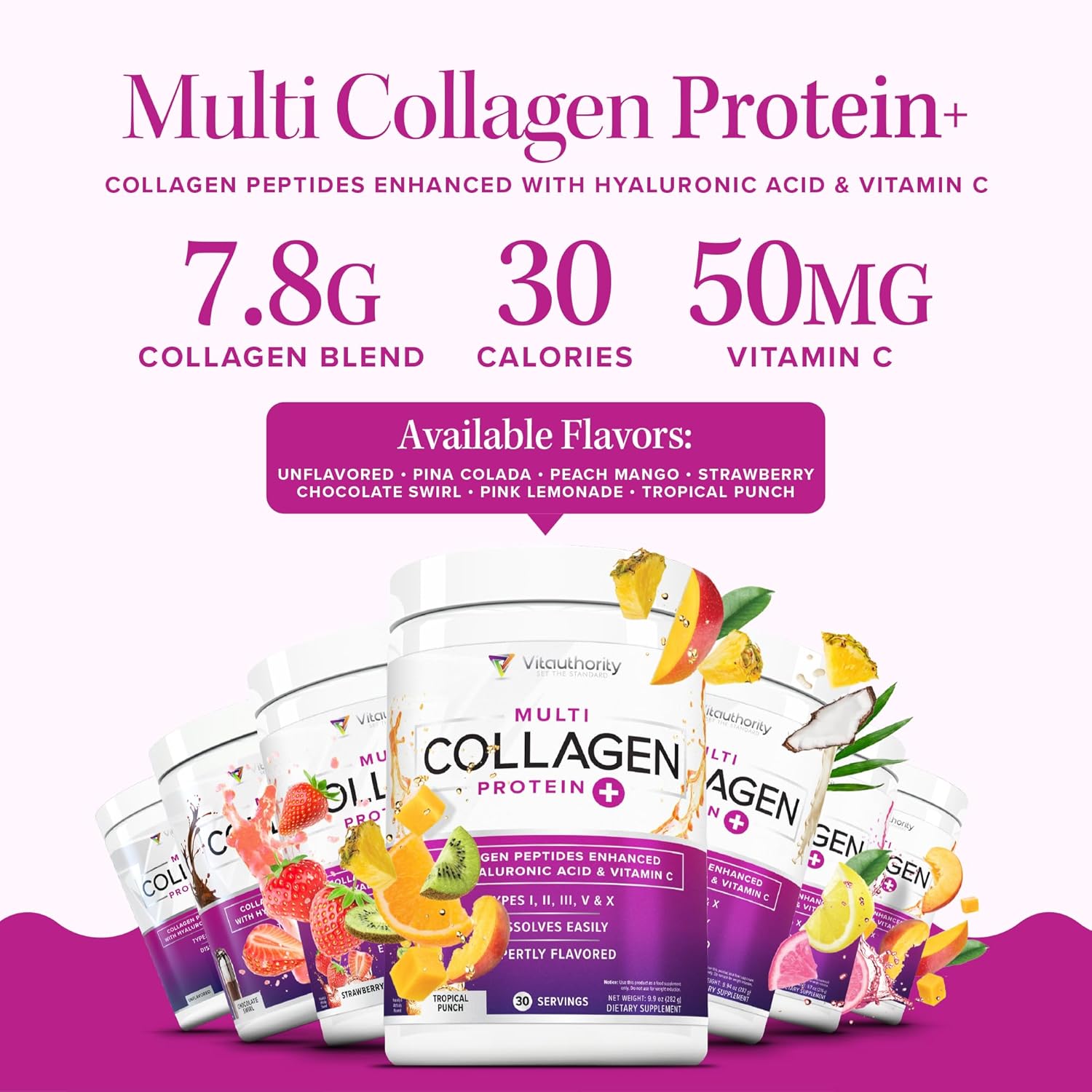 Grass Fed Multi Collagen Peptides Powder with Hyaluronic Acid and Vitamin C for Hair, Skin, and Nails - Instant Dissolving Drink Mix for Men and Women