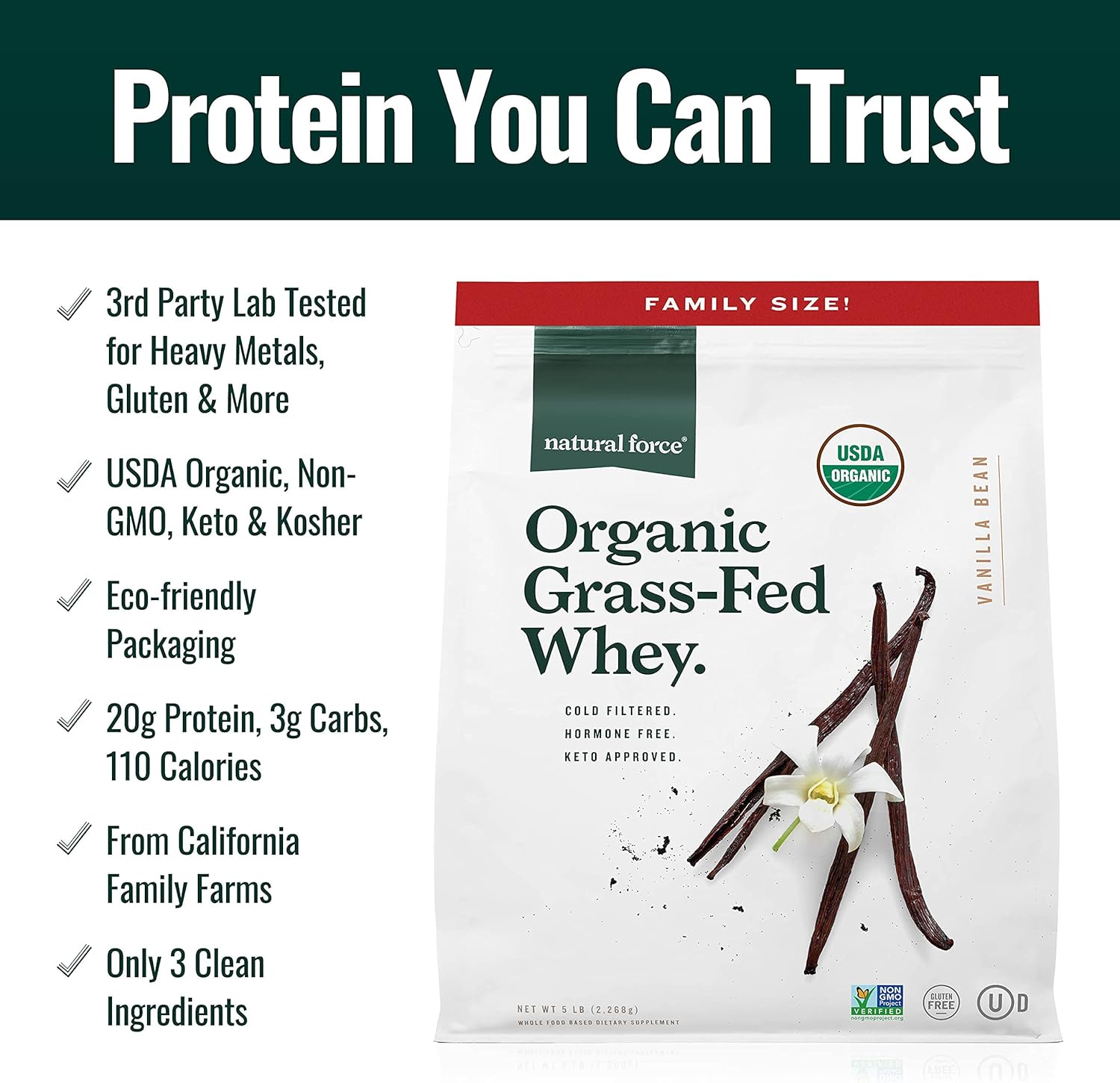 Grass Fed Organic Whey Protein Powder Vanilla Flavor 5 lb + Clean Collagen Peptides Powder 10.7oz Unflavored