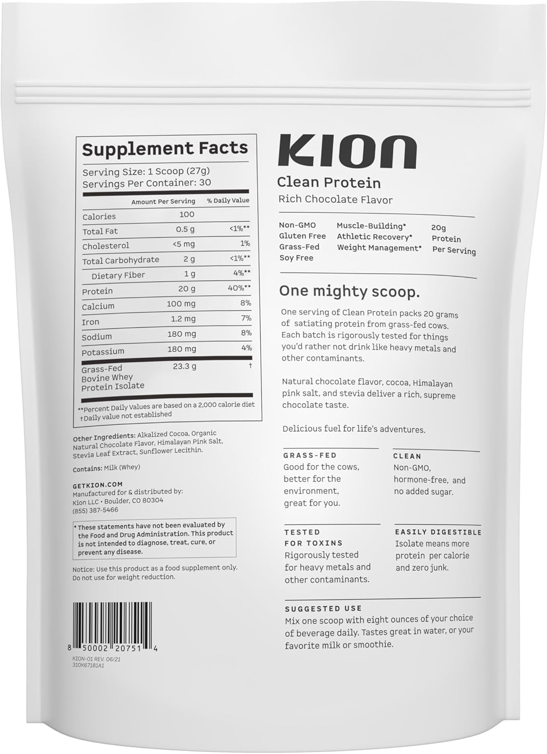 Grass-Fed & Pasture-Raised Whey Isolate Protein Powder - Rich Chocolate Flavor - 30 Servings by Kion Clean Protein - BoostGo Australia
