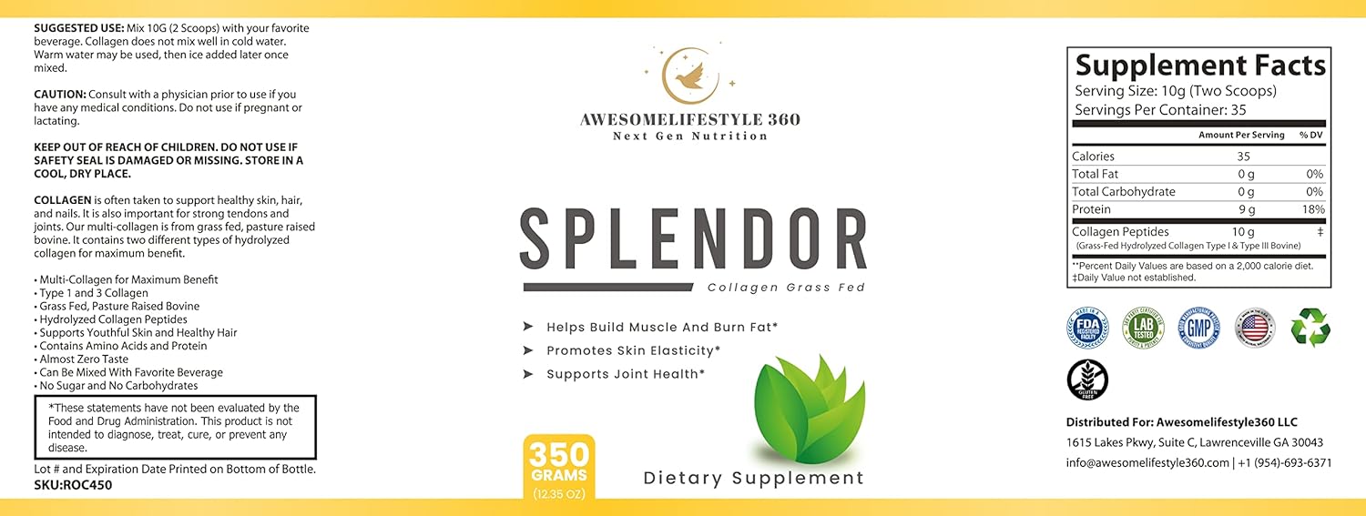 Grass-Fed Splendor Collagen Peptides Powder for Next Gen Nutrition - Type I & III Collagen Peptides from Healthy Cows