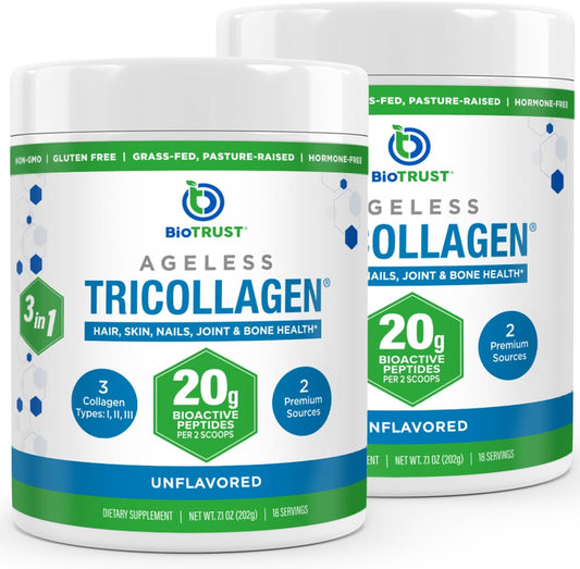Grass Fed Tri Collagen Powder 2-Pack - Hydrolyzed Collagen Peptides for Anti Aging - Types I, II, & III for Skin, Hair, Bone & Joint Health - Unflavored