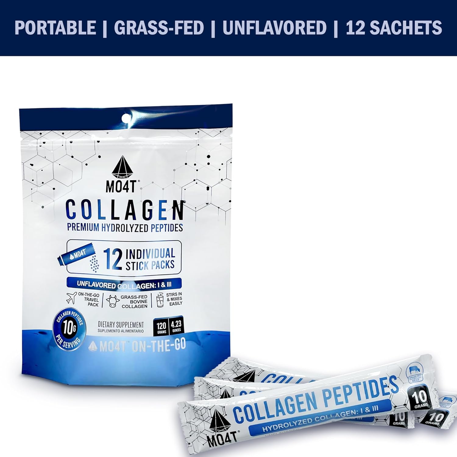 Grass-Fed Unflavored Hydrolyzed Collagen Peptides Travel Packets for Joints, Hair, Skin & Nails - 12 Sachets