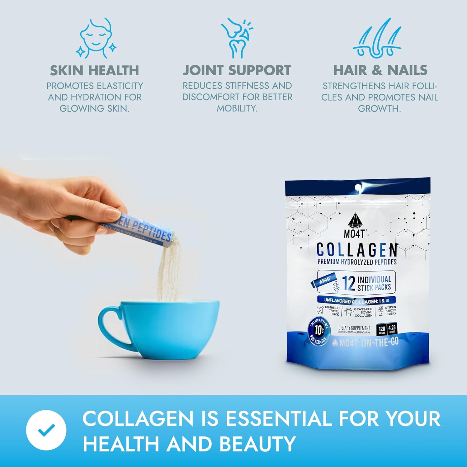 Grass-Fed Unflavored Hydrolyzed Collagen Peptides Travel Packets for Joints, Hair, Skin & Nails - 12 Sachets