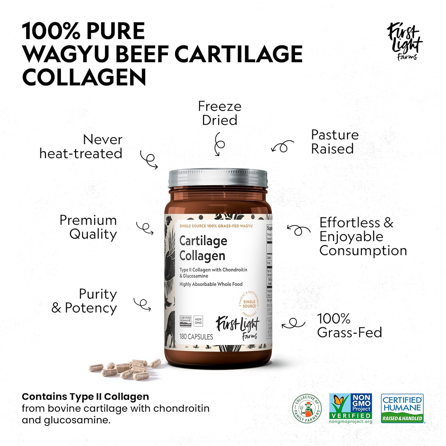 Grass-Fed Wagyu Cartilage Collagen Capsules | Freeze-Dried Type II Collagen for Joint Health | Supports Recovery & Skin Health | 120 Capsules