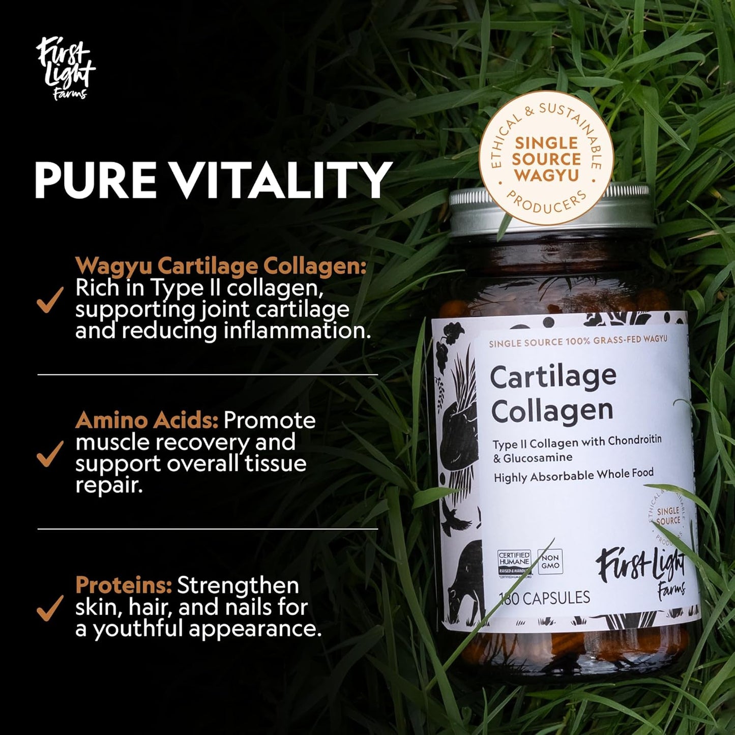 Grass-Fed Wagyu Cartilage Collagen Capsules | Freeze-Dried Type II Collagen for Joint Health | Supports Recovery & Skin Health | 120 Capsules
