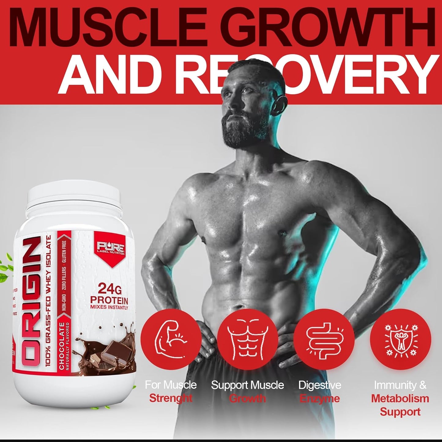 Grass-Fed Whey Protein Isolate - Chocolate Flavor - 2lb by Pure Label Nutrition