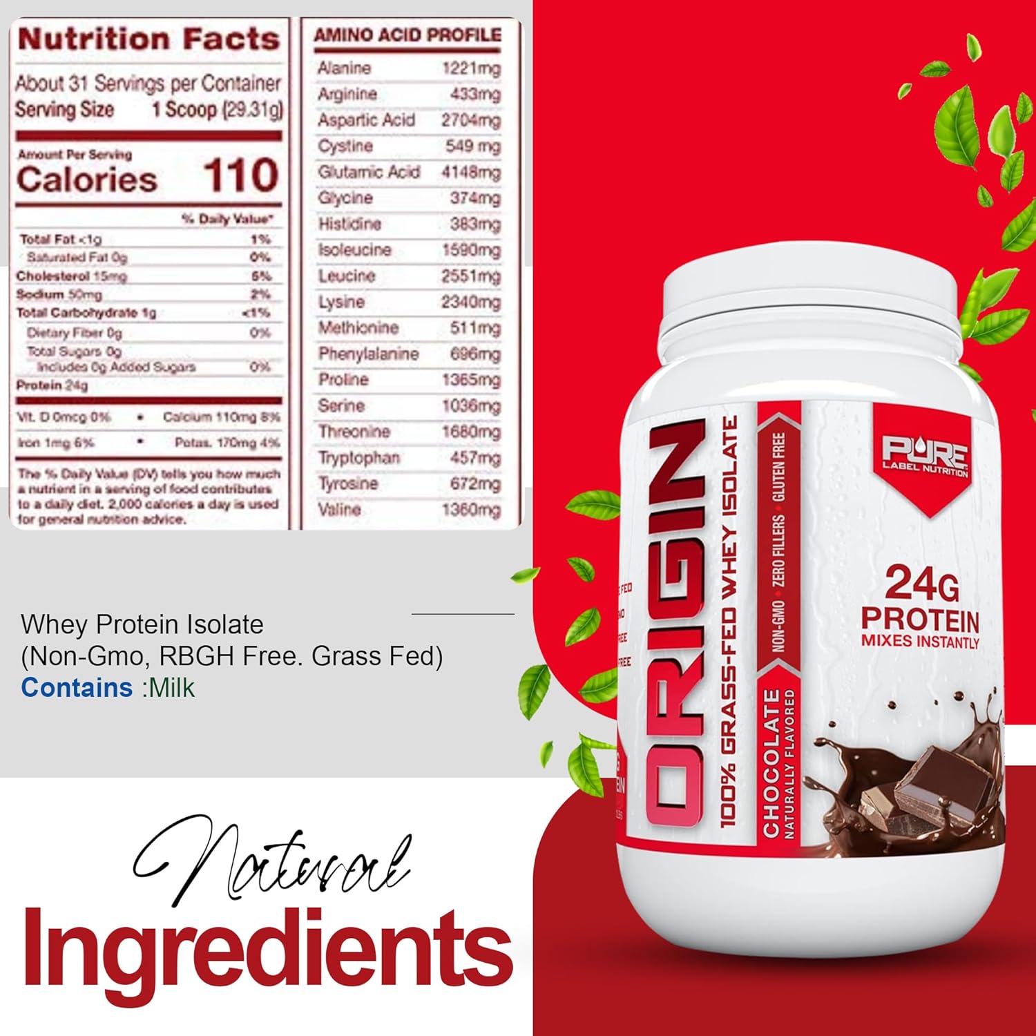 Grass-Fed Whey Protein Isolate - Chocolate Flavor - 2lb by Pure Label Nutrition