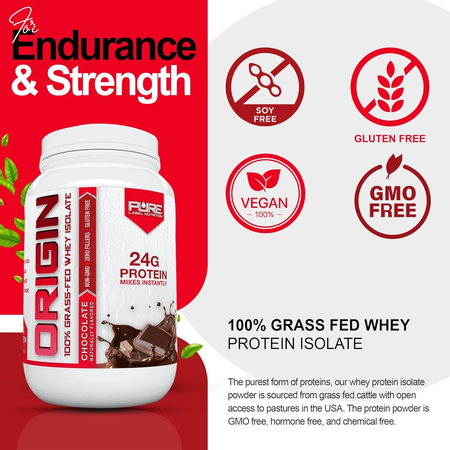 Grass-Fed Whey Protein Isolate - Chocolate Flavor - 2lb by Pure Label Nutrition