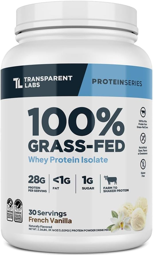 Grass-Fed Whey Protein Isolate - French Vanilla Flavor, Gluten-Free Powder with 28g Protein & 9 Amino Acids - 30 Servings by Transparent Labs