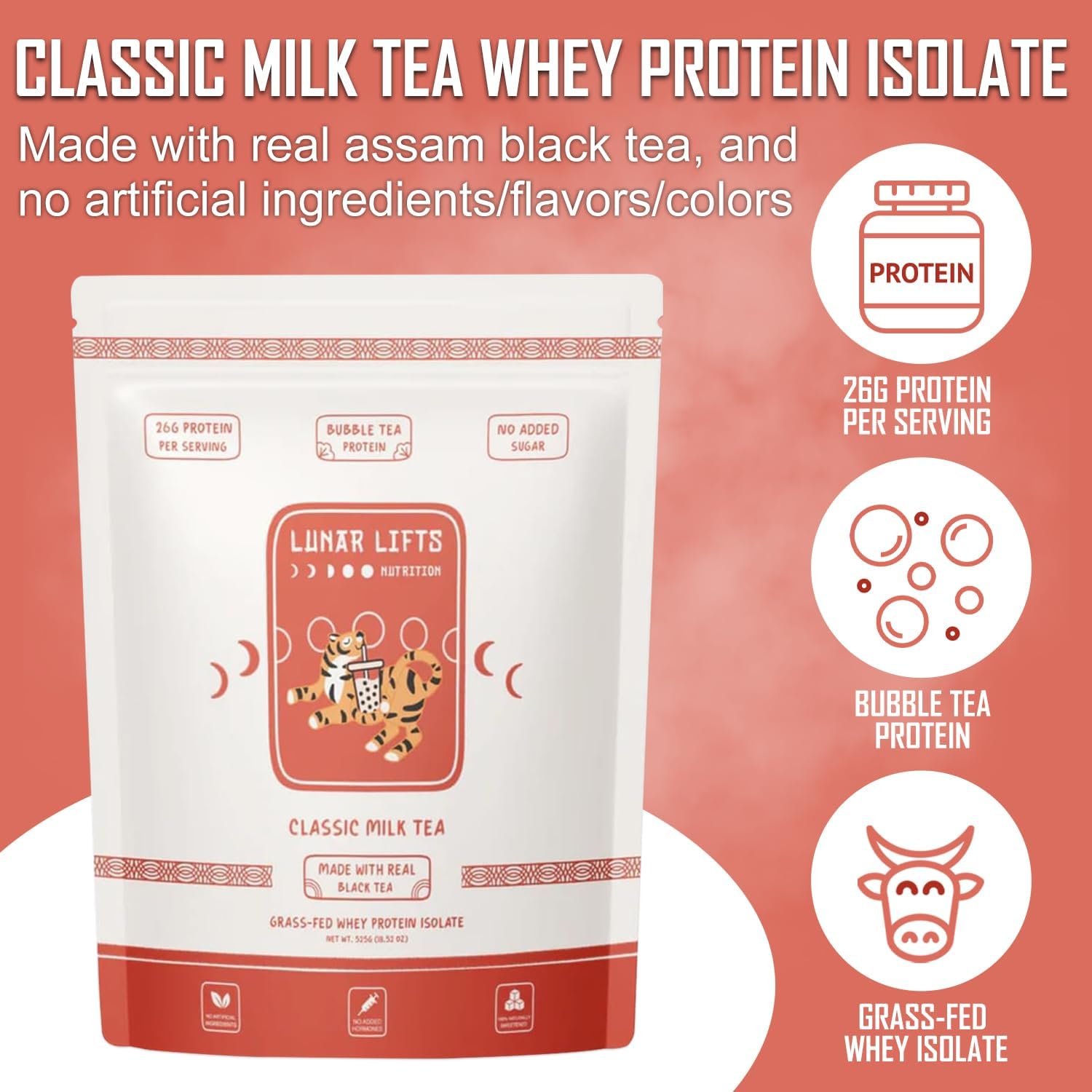 Grass-Fed Whey Protein Isolate Powder for Bubble Tea | Classic Milk Tea Boba Flavor | 26g Protein | No Sugar or Artificial Ingredients