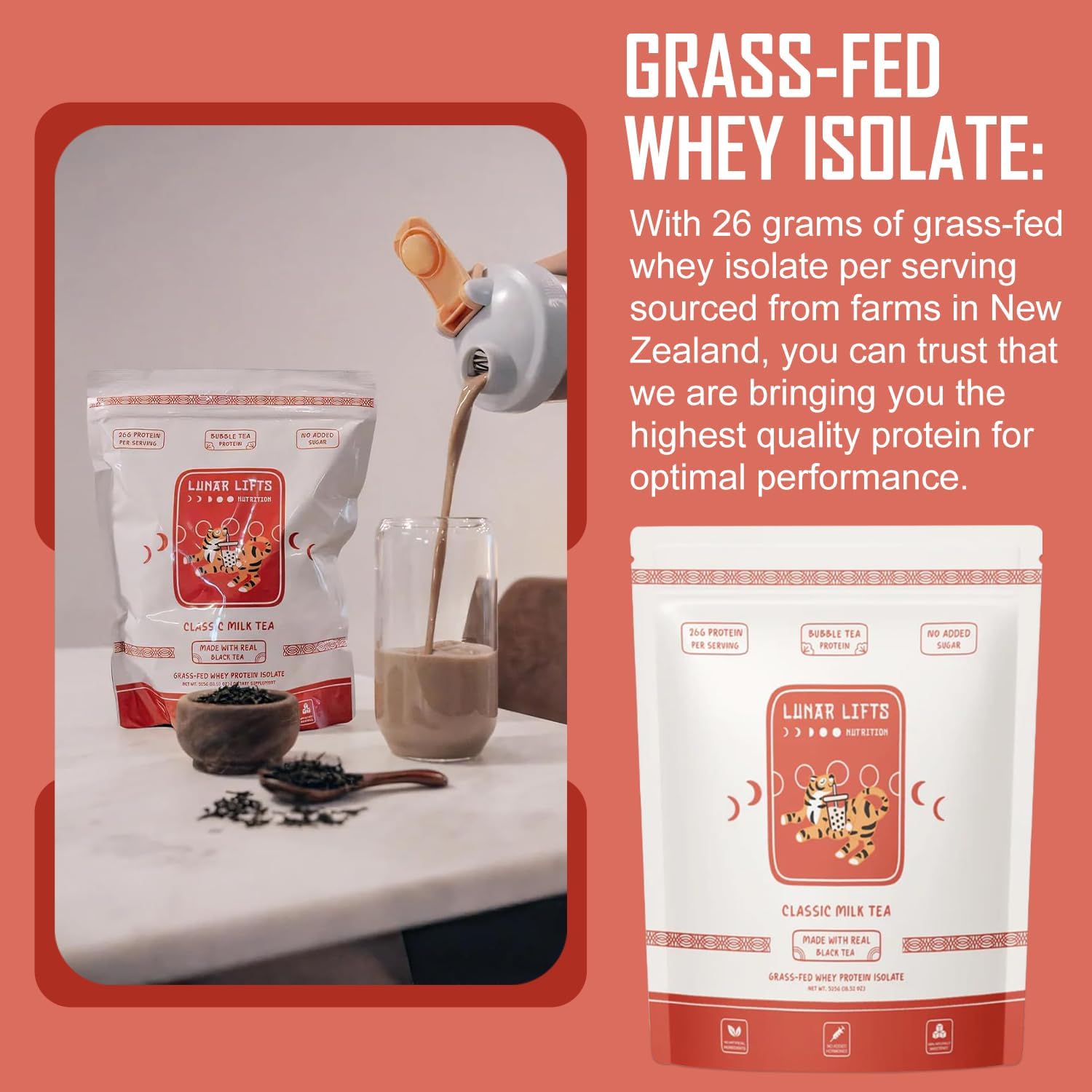 Grass-Fed Whey Protein Isolate Powder for Bubble Tea | Classic Milk Tea Boba Flavor | 26g Protein | No Sugar or Artificial Ingredients