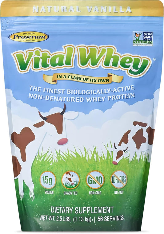 Grass-Fed Whey Protein Powder for Immune Vitality, Natural Vanilla - 2.5lbs (56 Servings), 15g Protein/Serve - Vital Whey