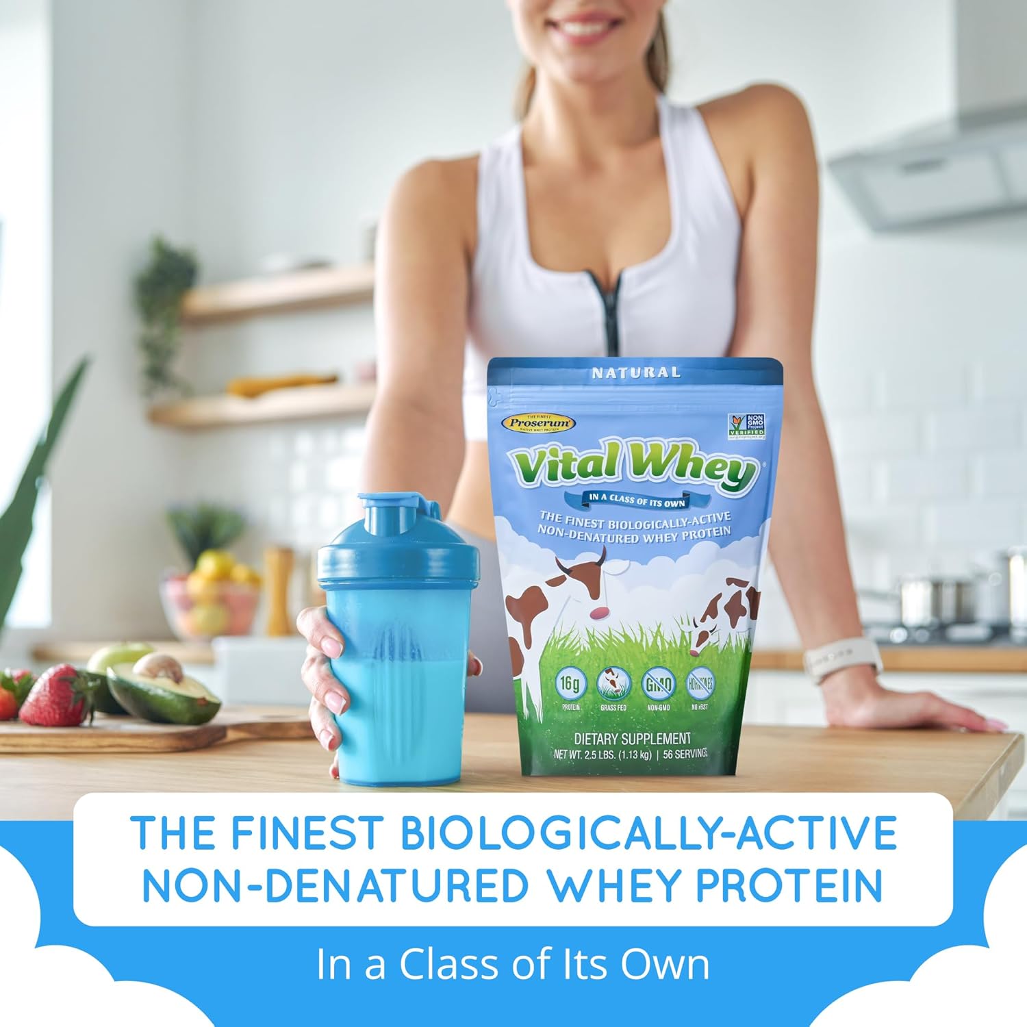 Grass-Fed Whey Protein Powder for Immune Vitality, Natural Vanilla - 2.5lbs (56 Servings), 15g Protein/Serve - Vital Whey