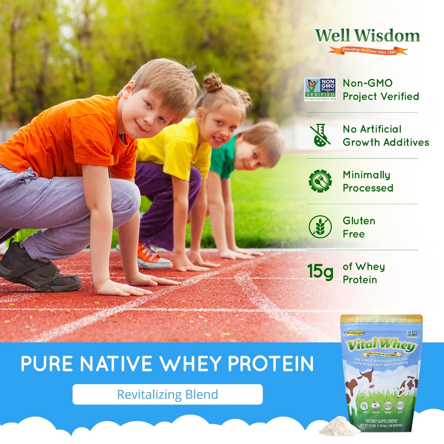 Grass-Fed Whey Protein Powder for Immune Vitality, Natural Vanilla - 2.5lbs (56 Servings), 15g Protein/Serve - Vital Whey