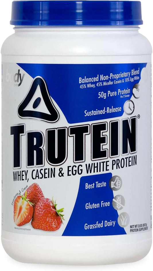 Grass Fed Whey Protein Powder with Strawberries & Cream Flavor - 45% Whey, 45% Casein, 10% Egg White, Gluten-Free, Low Sodium - Gym Supplement & Breakfast Shake - 2lb