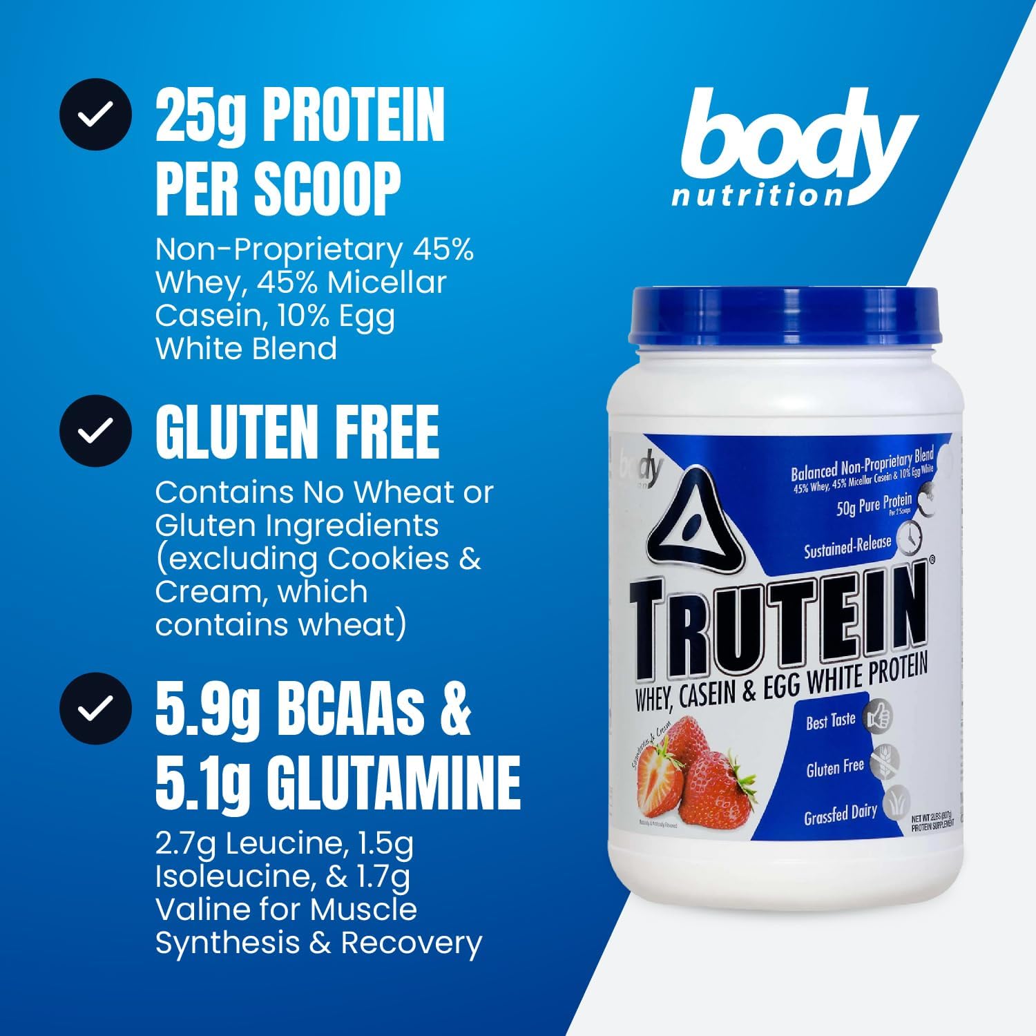 Grass Fed Whey Protein Powder with Strawberries & Cream Flavor - 45% Whey, 45% Casein, 10% Egg White, Gluten-Free, Low Sodium - Gym Supplement & Breakfast Shake - 2lb