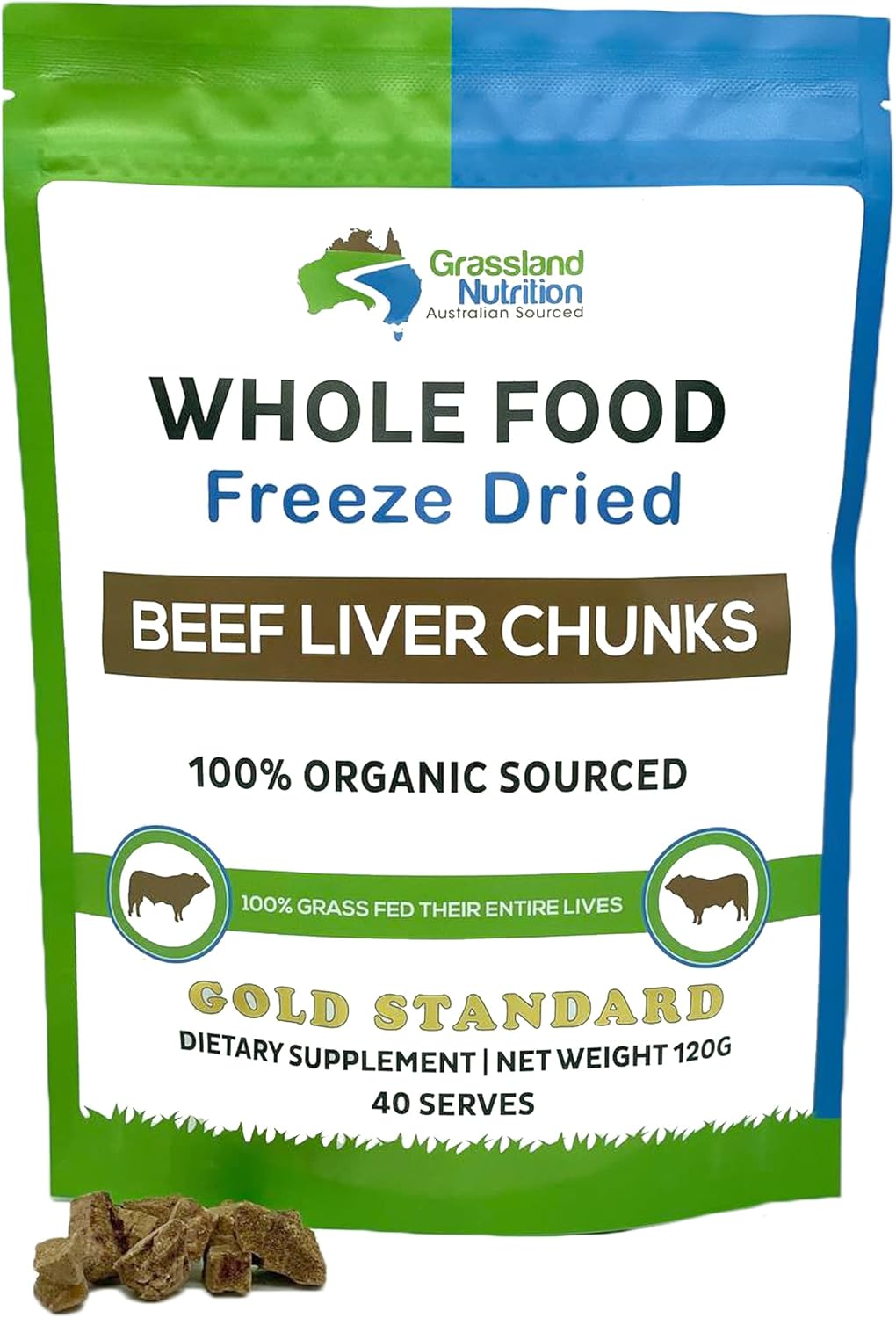 Grassland Nutrition Organic Liver Chunks - Freeze Dried for Energy Boost - Rich in Natural Iron, Vitamin A, B12 (120g)