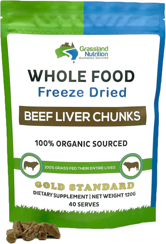 Grassland Nutrition Organic Liver Chunks - Freeze Dried for Energy Boost - Rich in Natural Iron, Vitamin A, B12 (120g)