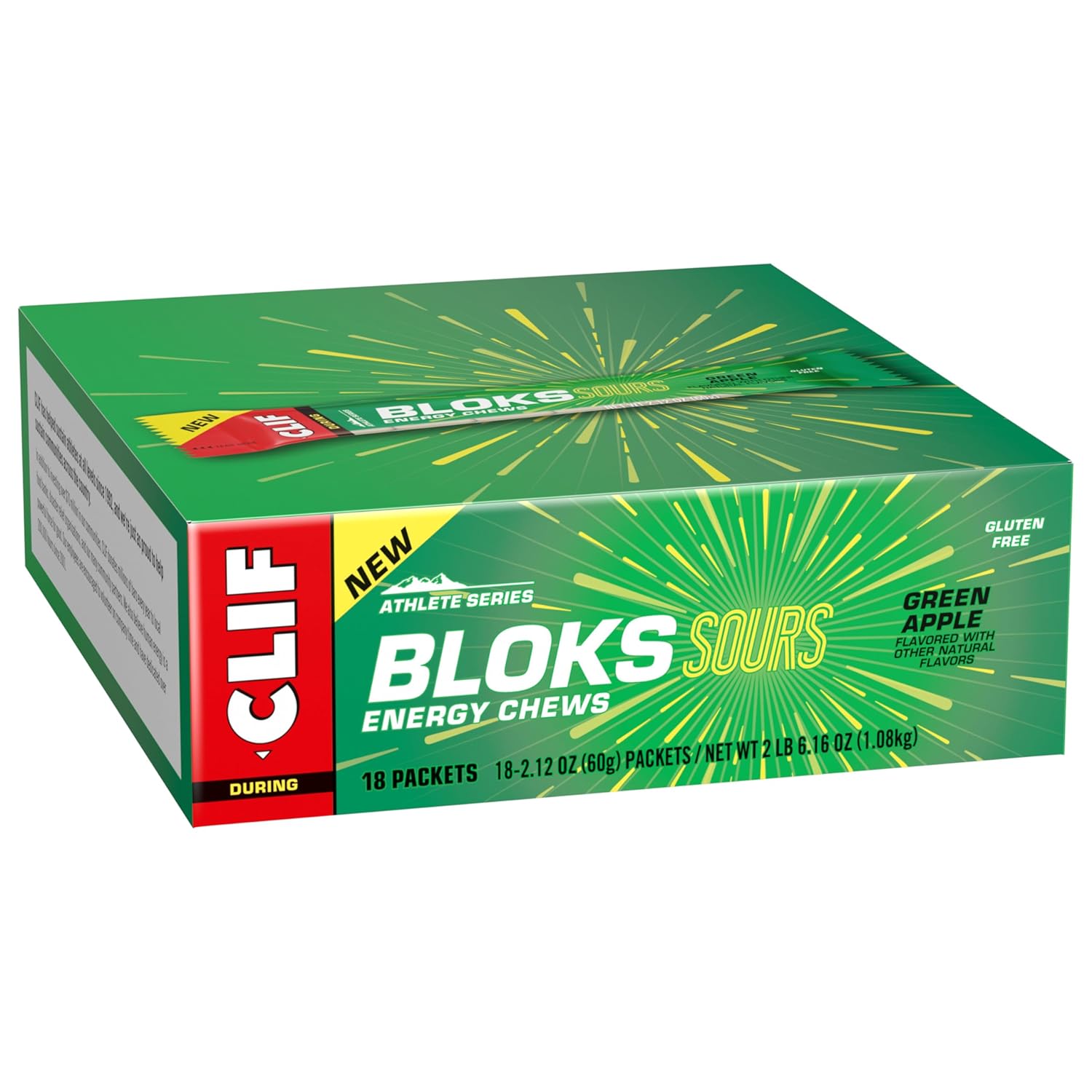 Green Apple Clif Bloks Sours: Non-GMO Energy Chews for Cycling & Running - Plant Based Fuel with Carbohydrates & Electrolytes - 2.12 oz (18 Count)