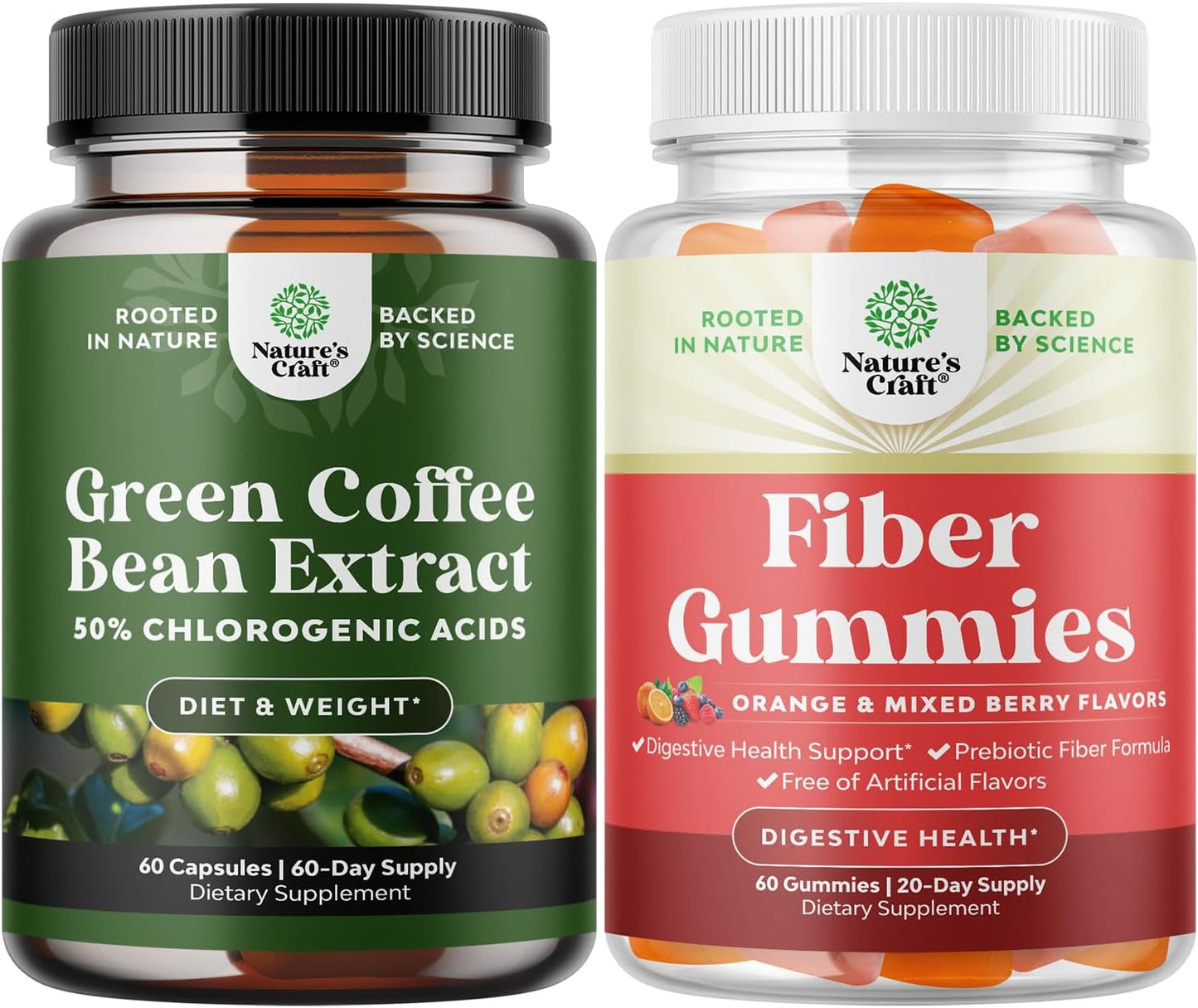 Green Coffee Bean Extract & Prebiotic Fiber Gummies Bundle for Heart Health, Mental Focus, Slimming Formula, Immunity, and Digestive Support