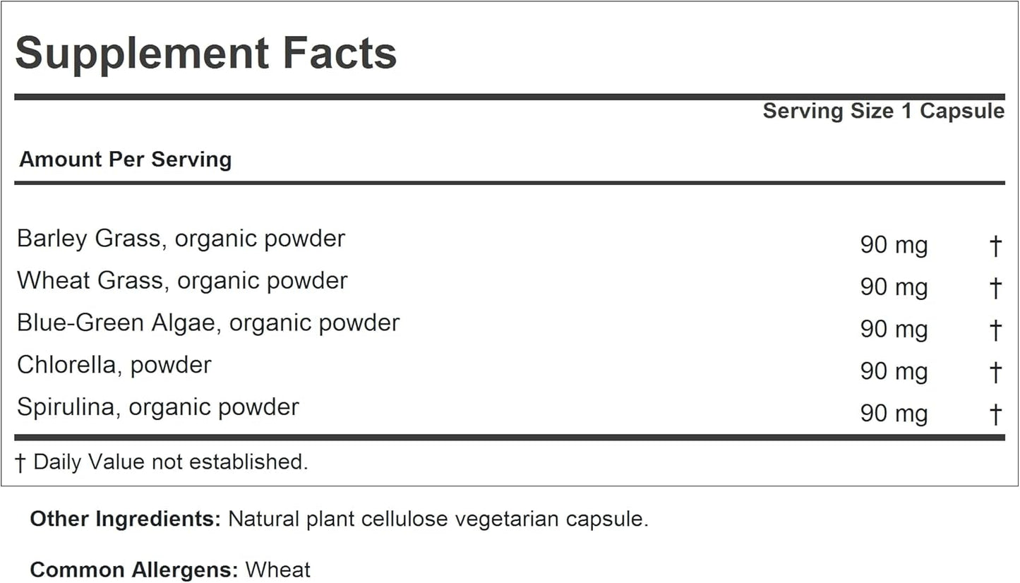 Green Foods Complex Capsules - Supports Tissue Growth & Liver Health with Barley Grass, Wheat Grass, Blue Green Algae, Chlorella, Spirulina - 30 ct