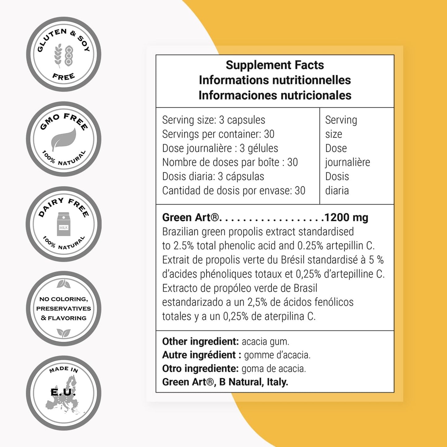 Green Propolis Supplement - 1200mg Daily Dosage (Patented) - Natural Extract from Brazil | Non GMO & Gluten Free - 90 Vegetarian Capsules by Supersmart