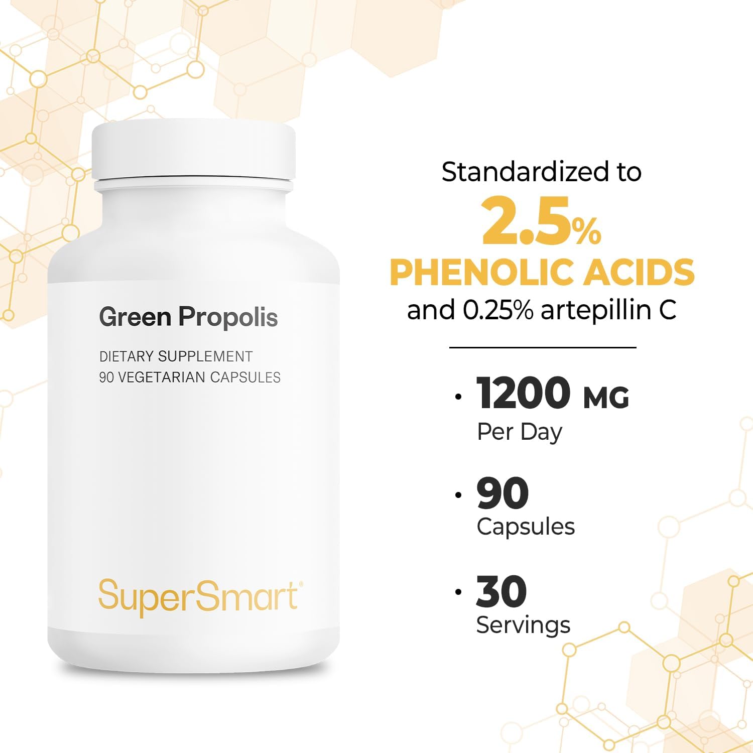 Green Propolis Supplement - 1200mg Daily Dosage (Patented) - Natural Extract from Brazil | Non GMO & Gluten Free - 90 Vegetarian Capsules by Supersmart