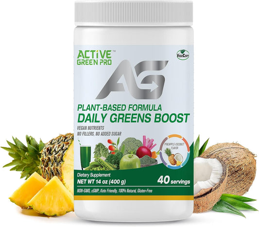 Green Superfood Powder with 14 Different Superfoods for Daily Health and Detox - Packed with Antioxidants, Fiber, Vitamins, and Minerals - Active Green Pro Formula