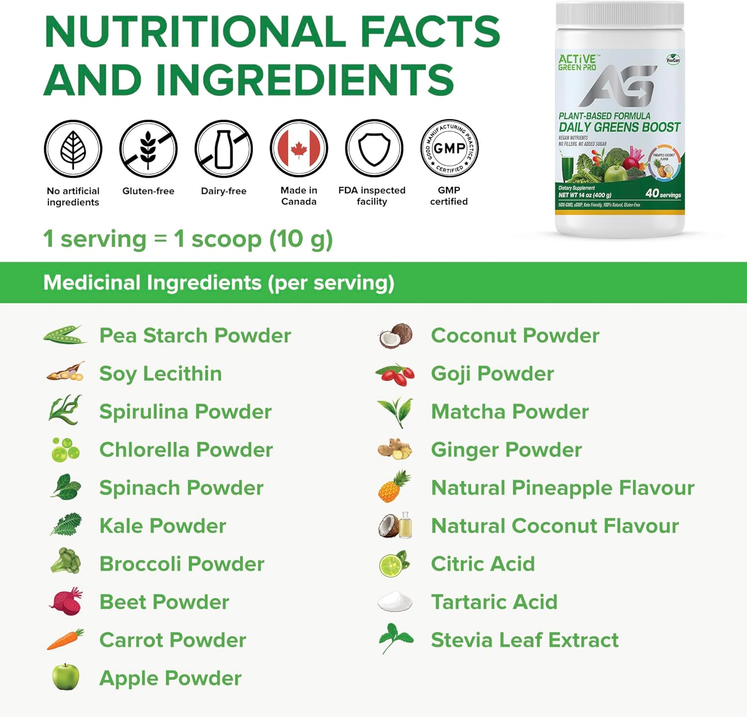 Green Superfood Powder with 14 Different Superfoods for Daily Health and Detox - Packed with Antioxidants, Fiber, Vitamins, and Minerals - Active Green Pro Formula