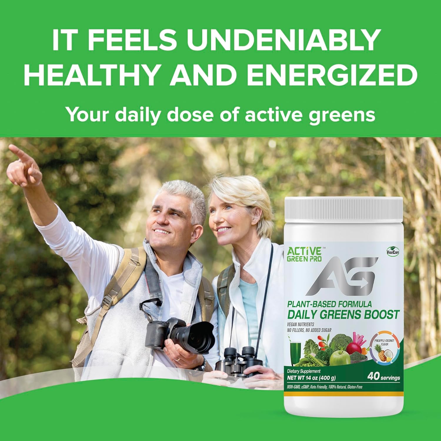 Green Superfood Powder with 14 Different Superfoods for Daily Health and Detox - Packed with Antioxidants, Fiber, Vitamins, and Minerals - Active Green Pro Formula
