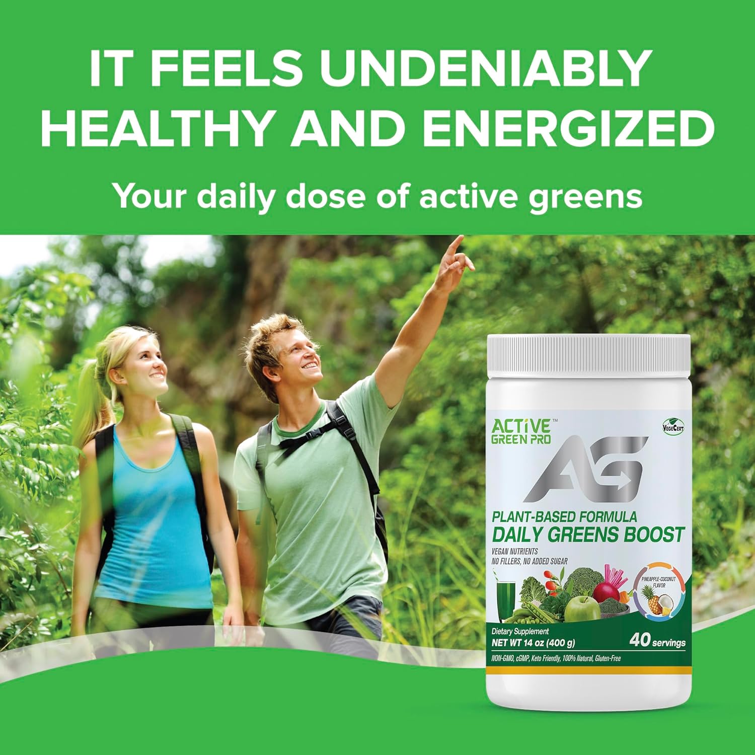 Green Superfood Powder with 14 Different Superfoods for Daily Health and Detox - Packed with Antioxidants, Fiber, Vitamins, and Minerals - Active Green Pro Formula