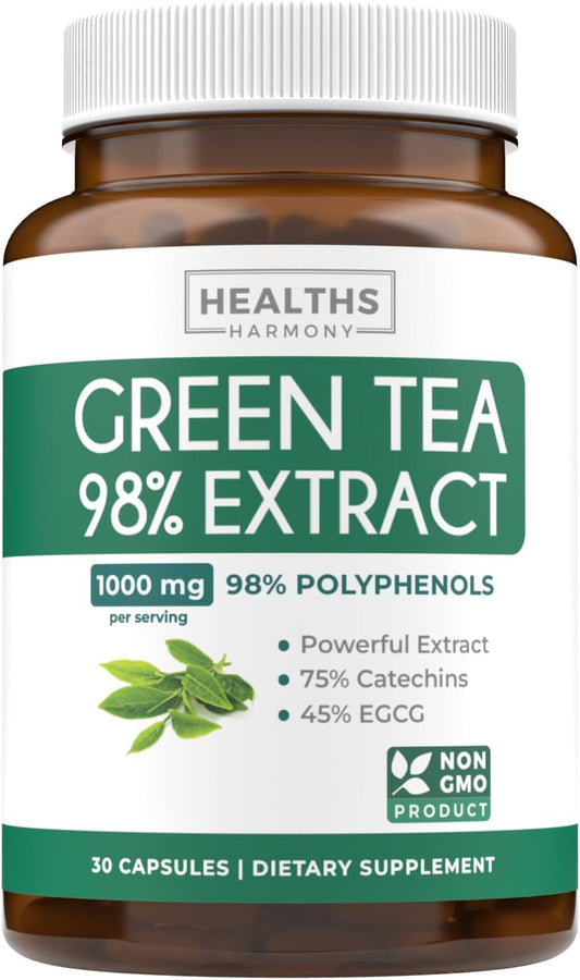 Green Tea Extract Capsules 98% with EGCG for Metabolism Boost - Antioxidant Supplement - Non-GMO - 1000mg - 30 Capsules