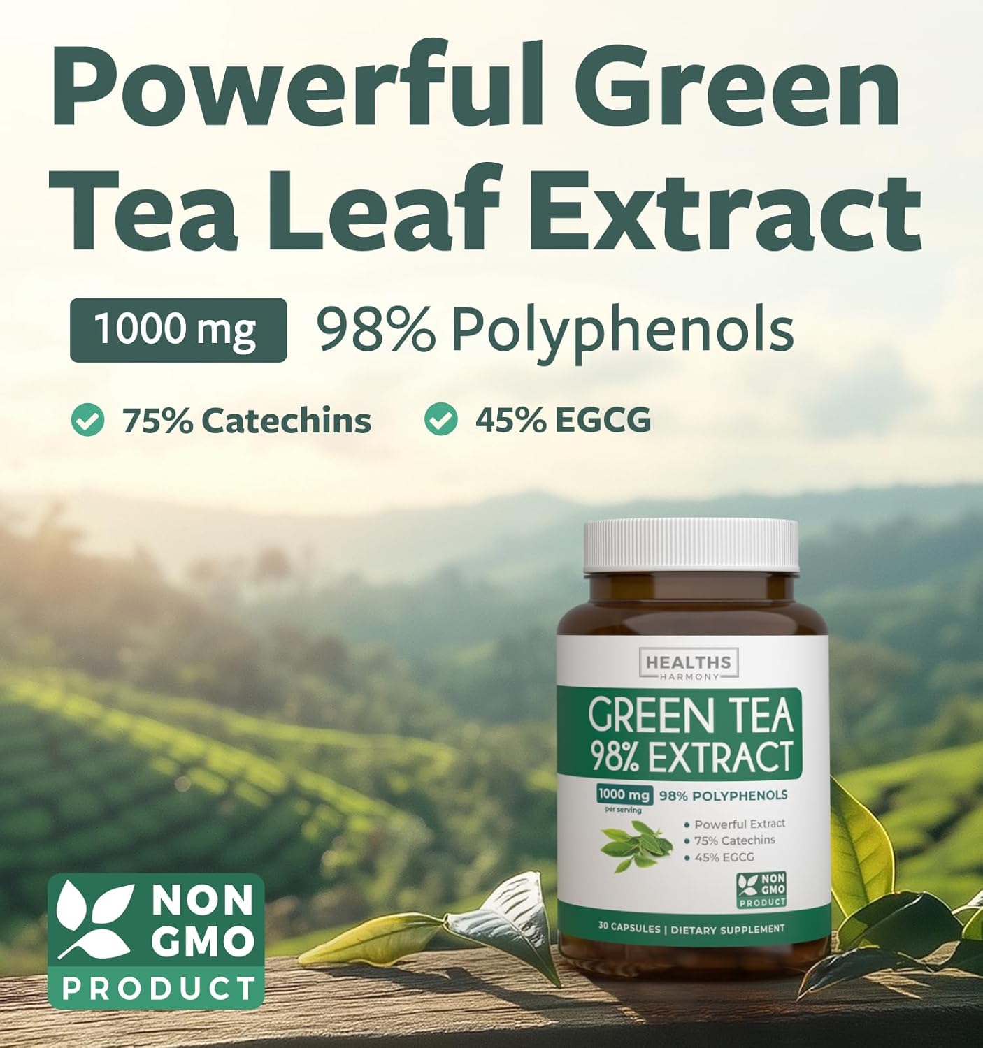 Green Tea Extract Capsules 98% with EGCG for Metabolism Boost - Antioxidant Supplement - Non-GMO - 1000mg - 30 Capsules