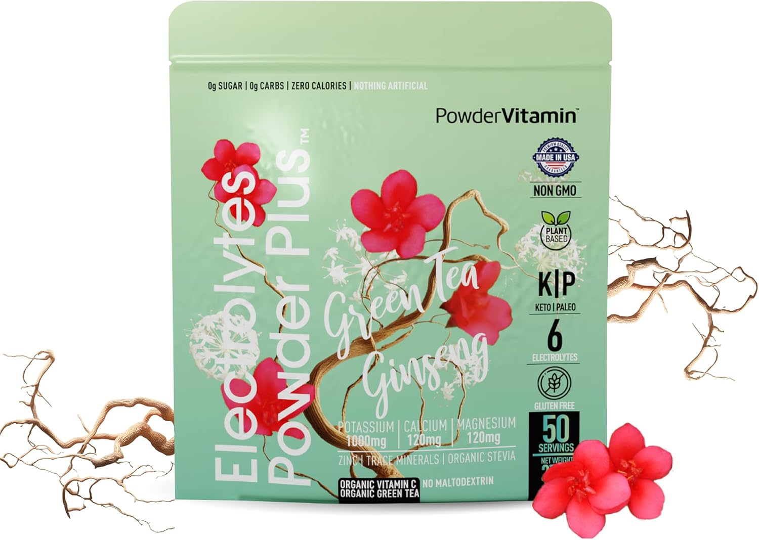 Green Tea Ginseng Electrolyte Powder - Keto-Friendly Sugar-Free Hydration Powder with Pink Himalayan Salt, 1000mg Potassium, 120mg Calcium, and 120mg Magnesium - 50 Servings
