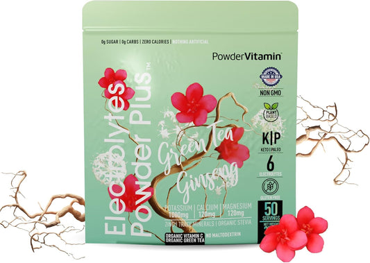Green Tea Ginseng Electrolyte Powder - Keto-Friendly Sugar-Free Hydration Powder with Pink Himalayan Salt, 1000mg Potassium, 120mg Calcium, and 120mg Magnesium - 50 Servings